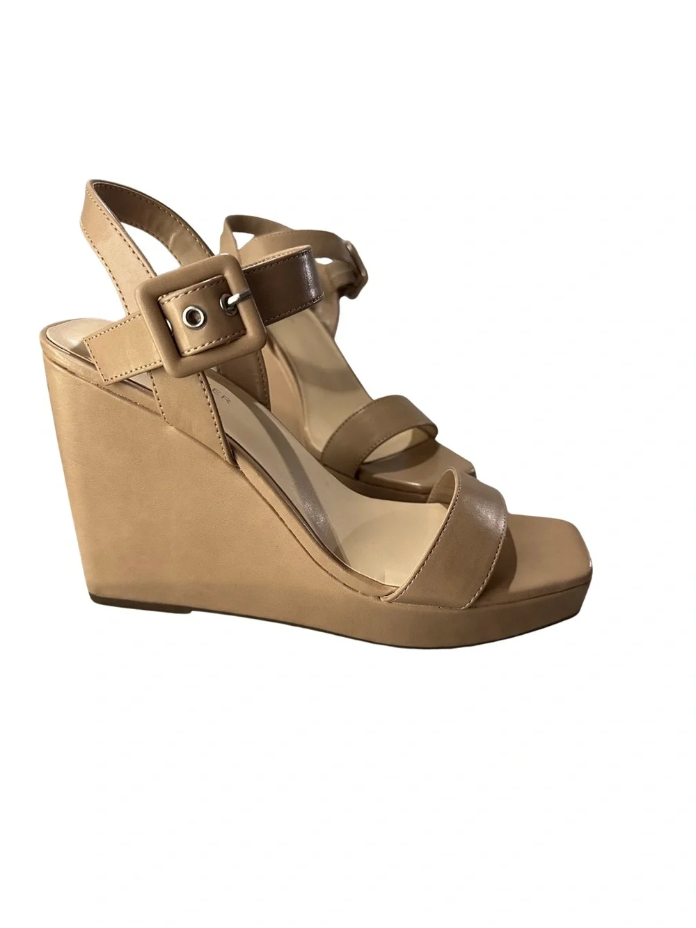 Marc Fisher Nude Tan Platform Wedge Sandals Sz 9 Square Toe Buckle Ankle Strap